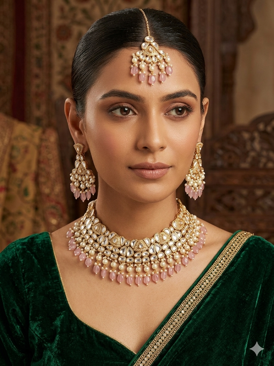 Monzonite Kundan Pink Beads Set