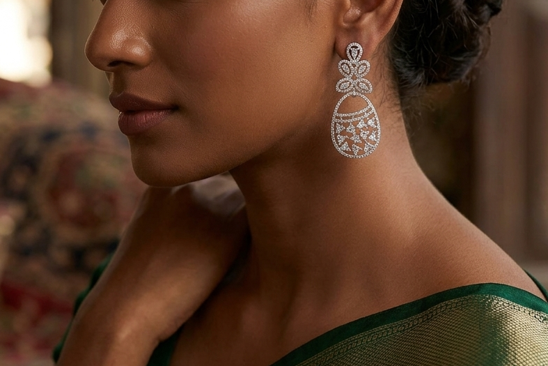 Teardrop Dangle Earrings with a Marquise Floral Motif
