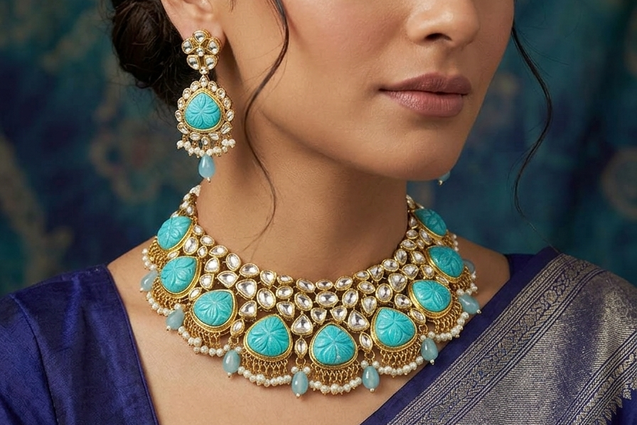 Turquoise Blue Kundan Set with Carving Stones