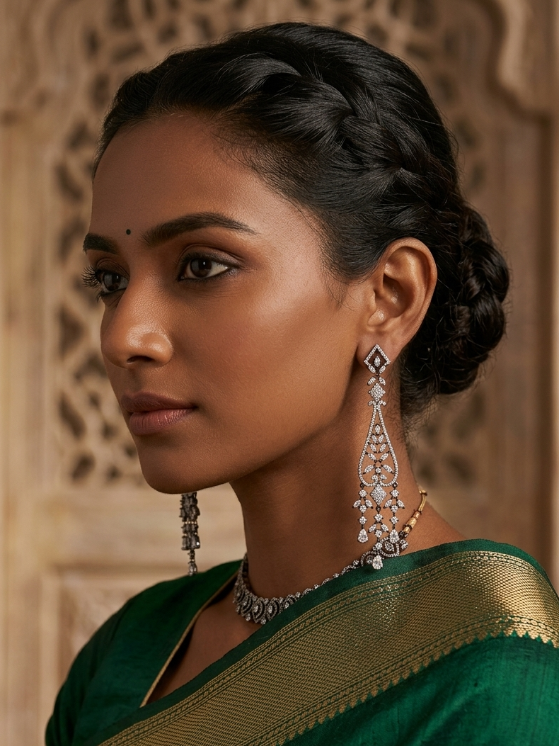 Silver Diamond Chandelier Long Earrings