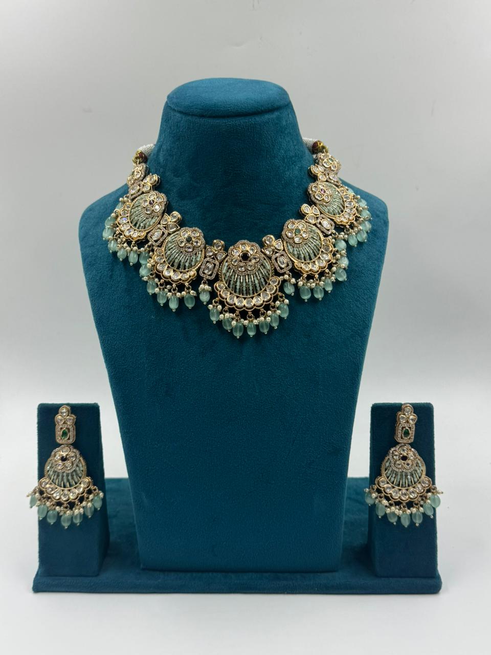 Mint Green Polki Choker Set with Statement Earrings