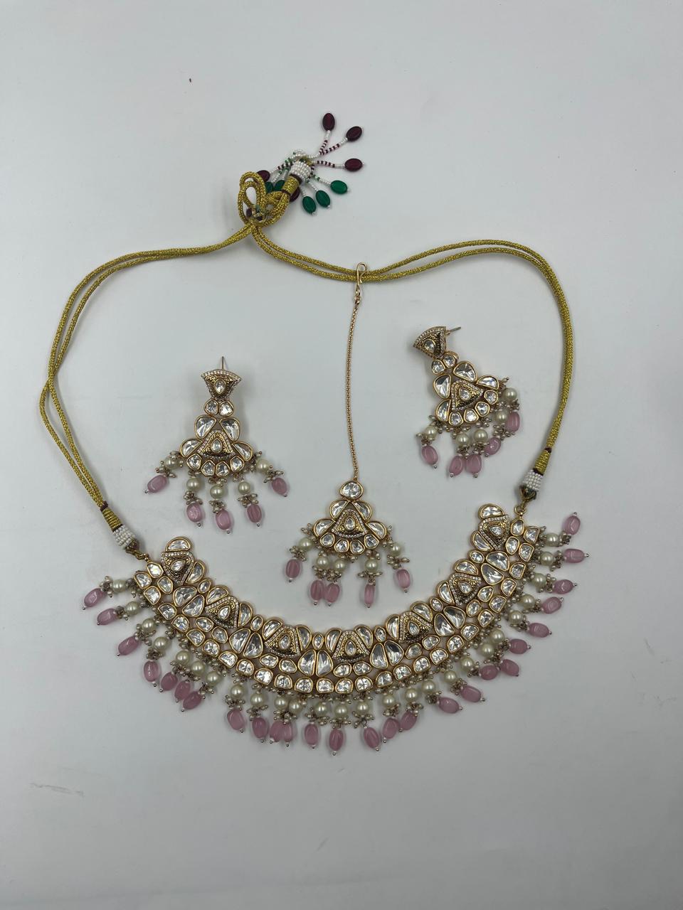 Monzonite Kundan Pink Beads Set