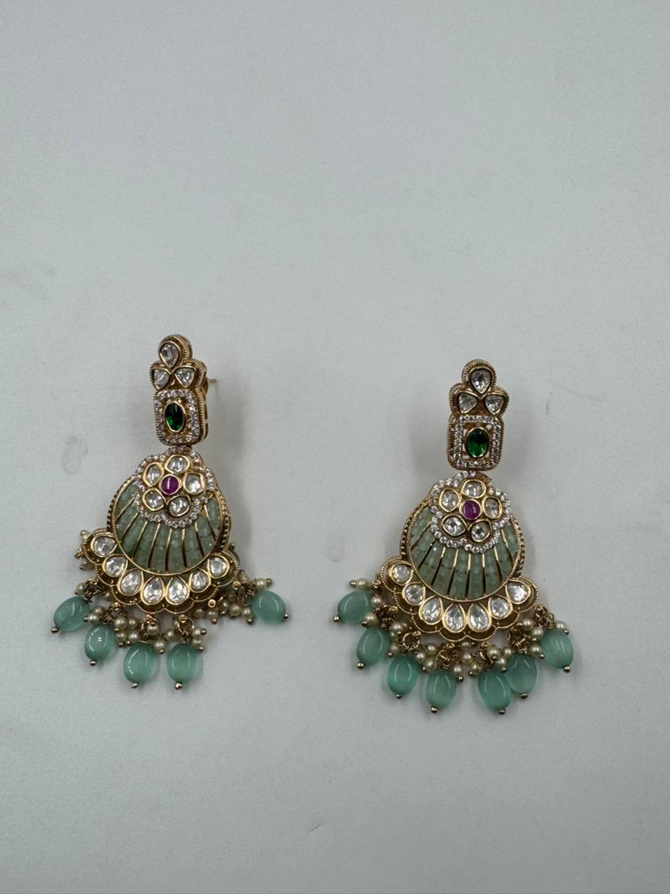 Mint Green Polki Choker Set with Statement Earrings